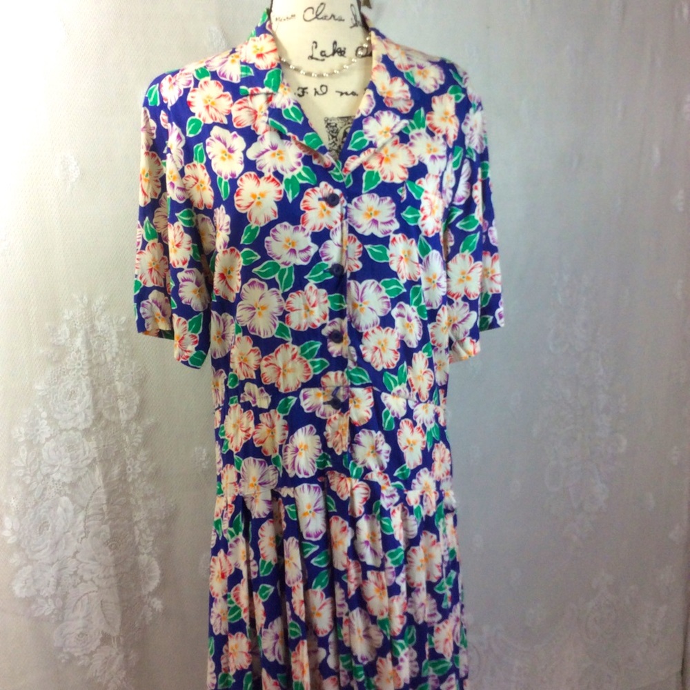 Vintage Liz Claiborne Blue Hibiscus Midi Dress 10